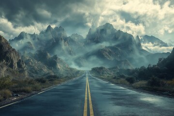 Dramatic Mountain Road Scenery. A Misty Adventure Through Nature's Pathway