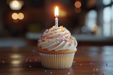 Colorful Vanilla Cupcake with Candle and Sprinkles for Birthday Celebration Party Decor