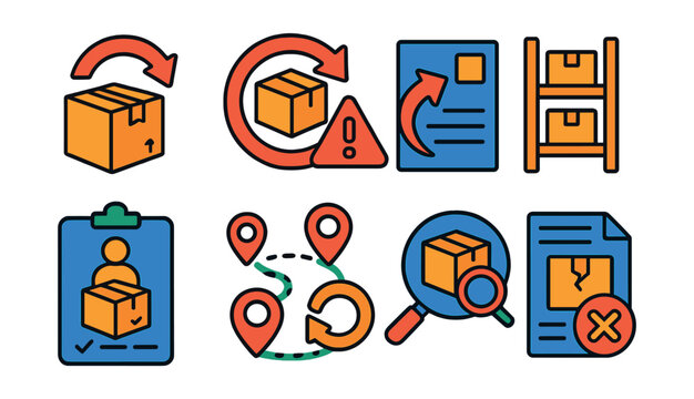 Flat vector icons of reverse logistics and returns: returned package icon, product recall symbol, return label slip, restocking shelf, customer return form, reverse logistics route, inspection dock