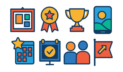 Flat vector icons of motivational triggers for productivity: vision board frame, reward badge icon, milestone trophy, motivational wallpaper screen, streak tracker star, public commitment board,