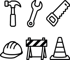 construction icon pack. line style tools including hammer, wrench, saw, helmet, barrier and traffic cone in bold black.