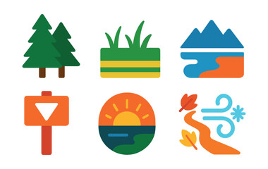 Flat vector icons of hunting environment and nature: dense forest trees, open field with grass, mountain ridge symbol, lake shore icon, hunting trail marker, dawn sky badge, fallen leaves path, cold
