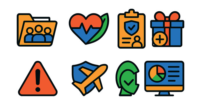 Flat vector icons of corporate insurance services: group plan folder, corporate wellness icon, HR insurance brief, employee benefit package, company-wide coverage badge, workplace risk symbol,