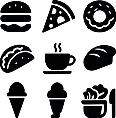 fast food icon set. solid black symbols for burger, pizza, donut, taco, ice cream, coffee and fried chicken in simple style.