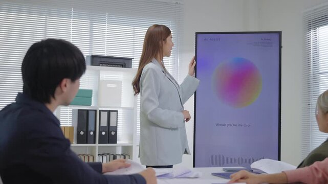 A strategic business team gathers in a modern office for a collaborative brainstorming meeting, supported by an AI-assisted display screen system that helps present innovative ideas and smart solution