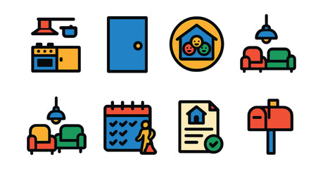 Flat vector icons of co-living and shared spaces: shared kitchen icon, private room door, co-living community badge, utility split document, common lounge area, group cleaning calendar, roommate
