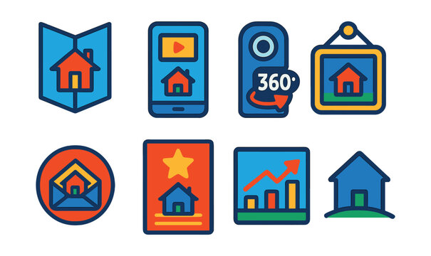 Flat vector icons of real estate marketing: property brochure icon, social media listing ad, 360° virtual tour camera, open house invitation, real estate newsletter badge, promotional flyer icon,