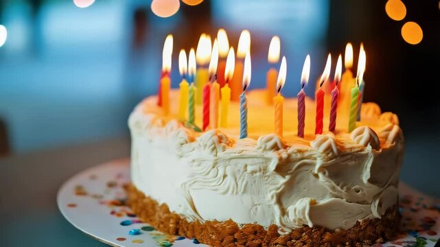 Festive Birthday Cake with Burning Candles - Celebrating a Special Day. A beautifully lit birthday cake sits on a plate adorned with colorful sprinkles, casting a warm glow with numerous lit candles. 