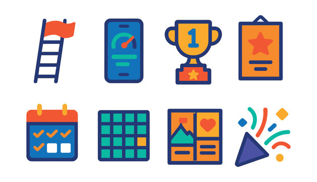 Flat vector icons of motivation and goal tracking in training: personal goal ladder, progress tracker app, fitness milestone trophy, motivational poster icon, training streak calendar, habit tracker