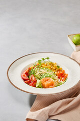 Fresh Salmon Salad Bowl with Corn and Vegetables in Soft Pastel Tones