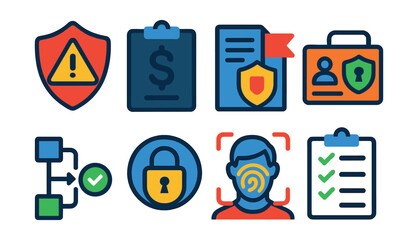 Flat vector icons of insurance fraud and protection: fraud alert shield, suspicious claim icon, red flag policy, identity theft protection, verification process chart, secure transaction badge,