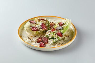 Gourmet Roast Beef with Romano Leaves and Vitello Tonnato Minimalistic Culinary Art