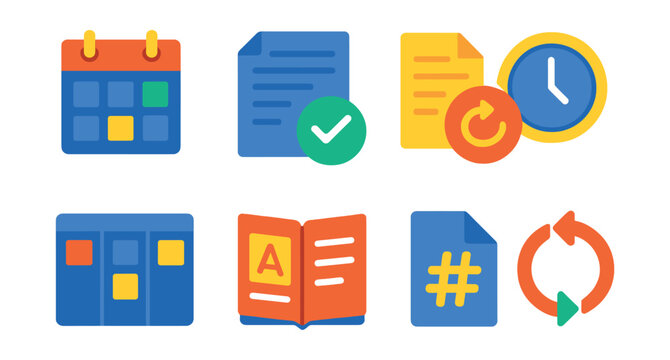 Flat vector icons of content creation workflow: content calendar layout, draft approval checkmark, post revision icon, publish schedule clock, task collaboration board, brand style guide, hashtag