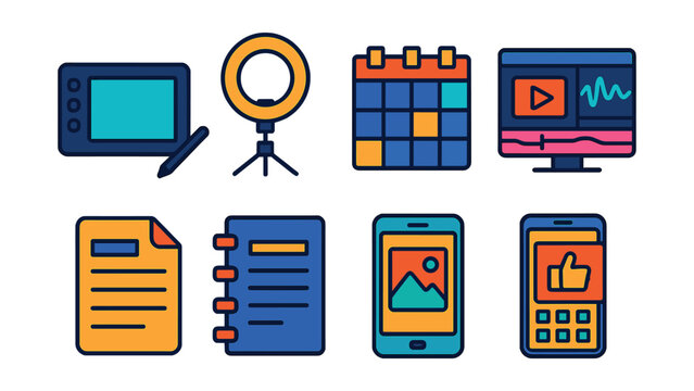 Flat vector icons of content creation tools: digital pen tablet, ring light icon, content planner calendar, video editing software screen, blog draft document, scriptwriting notebook, thumbnail