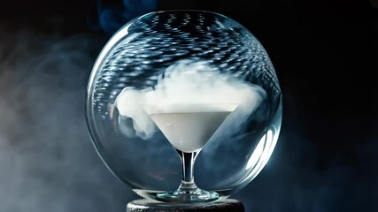 A martini glass containing a white liquid and wisps of smoke is enclosed within a large, clear glass sphere, against a dark, dramatic background. Concept of innovative and artful cocktails. - Powered by Adobe