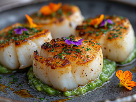 Golden crust enhances gourmet appeal. Seared scallops with pea purée and edible flowers on a ceramic plate. Perfect for upscale menus, culinary blogs, or fine dining advertising.