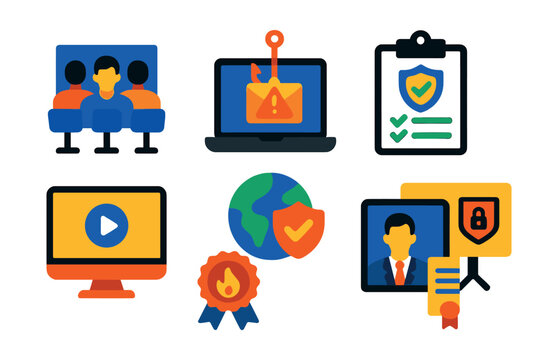 Flat vector icons of cybersecurity training: employee awareness workshop, phishing simulation test, security best practices checklist, e-learning course screen, safe browsing icon, threat recognition