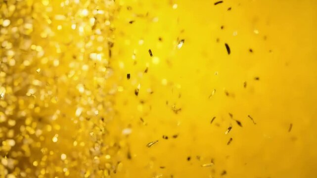 Golden Confetti Falling on Yellow Background - Celebration. An image with falling golden confetti set against a vivid yellow background. This festive scene conveys a sense of celebration, joy