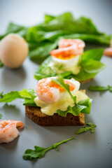 Light sandwich with seafood and greens on gray background