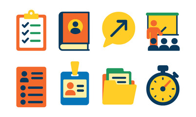 Flat vector icons of instructor tools and materials: coaching clipboard icon, training manual book, motivational speech bubble, demo station setup, group attendance sheet, name badge lanyard, lesson
