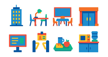 Flat vector icons of corporate and office infrastructure: office tower block, coworking desk icon, meeting room setup, corporate lobby entrance, building directory screen, ID badge gate, staff