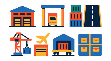 Flat vector icons of logistics infrastructure: distribution center building, cargo terminal gate, shipping yard with containers, highway logistics route, port crane icon, air cargo facility, train