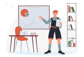 Student boy studying in classroom vector illustration. Cartoon college or university male student training, showing diagram chart data analysis on whiteboard in class room interior isolated on white