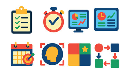Flat vector icons of productivity tools: checklist clipboard, stopwatch with checkmark, productivity dashboard, time tracking app, goal-setting calendar, focus mode icon, priority matrix, efficient