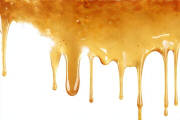 
Dripping golden sweet honey flowing down the frame from the top over white and transparent background.
