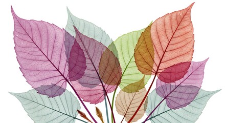 Obraz premium Translucent Skeleton Leaves in Pastel Colors: Delicate Foliage Arrangement on White