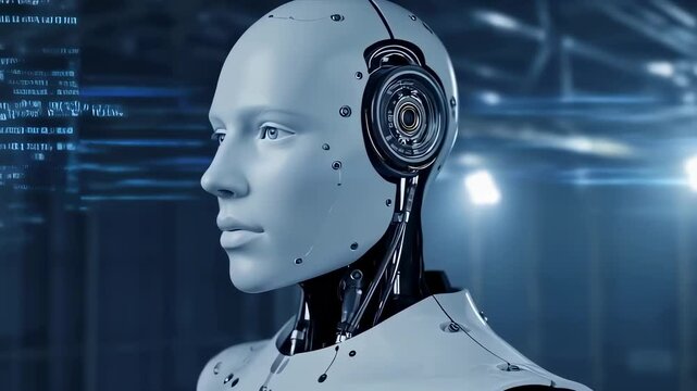 An advanced android with a human-like face is depicted from the side. Intricate robotics are visible as it observes. Glowing blue code enhances the dark, high-tech environment.