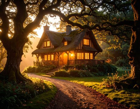 Sunlit cottage in a tranquil forest