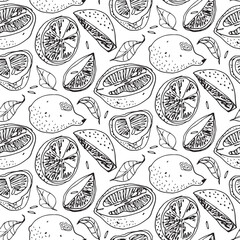 Seamless outline pattern, lemons and laurel leave, detailed hand drawn lemon halves in vintage style