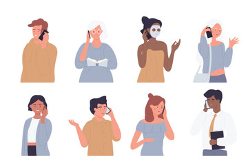People talk by phone vector illustration set. Cartoon happy man woman characters standing during calls, holding smartphone and talking, person communicating, communication collection isolated on white