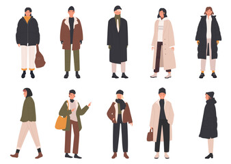 People wear winter clothes vector illustration set. Cartoon man woman characters wearing different winter seasonal clothing, stylish warm coat or trendy suit, young and old models isolated on white