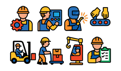 Flat vector icons of industrial work: factory worker with gear, machine operator with control panel, metalworker with sparks, assembly line hands, forklift driver, warehouse loader, crane operator,