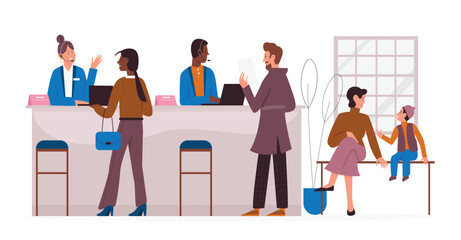 Obraz premium Bank office working with clients, banking service vector illustration. Cartoon customer characters visit professional bank consultant or finance manager for consulting in financial problems background