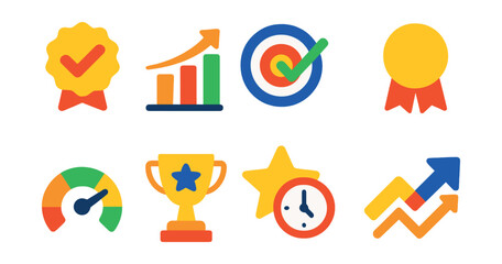 Flat vector icons of productivity and performance-based rewards: task completion badge, weekly target chart, goal tracker checkmark, project milestone ribbon, efficiency score meter, top performer