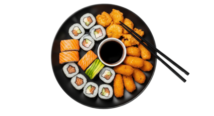 Top view of a Japanese food with sushi rolls, fried snacks, soy sauce, and chopsticks on a black plate, isolated on transparent background, ideal for food and restaurant aspect ratio 16ratio9




Show