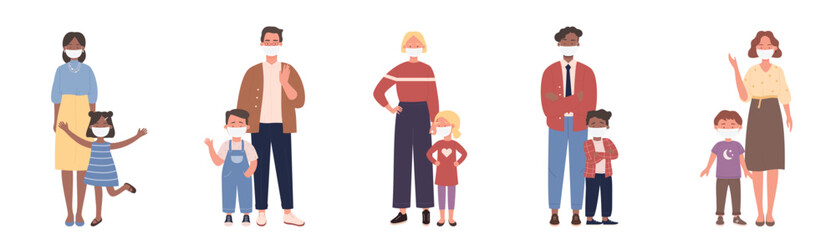 Obraz premium Parent people stand with children vector illustration set. Cartoon family characters standing together, mother, father and child wearing face medical mask to protect and care health isolated on white