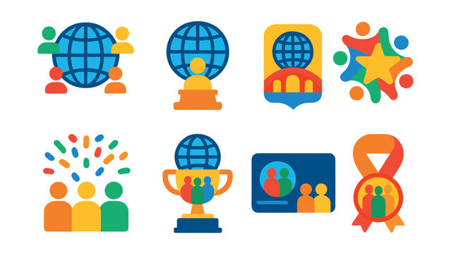 Flat vector icons of global and multicultural recognition: international collaboration globe, global employee award, culture bridge badge, cross-border teamwork star, diversity celebration icon,