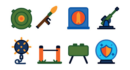 Flat vector icons of explosive and defense systems: anti-tank mine icon, RPG launcher, missile silo door, anti-air battery, naval mine float, tripwire trap, claymore mine plate, shield generator