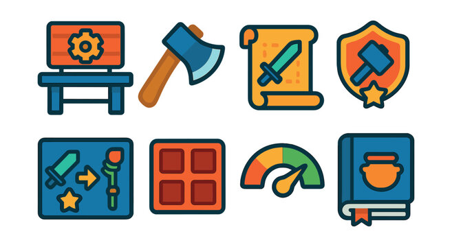 Flat vector icons of in-game crafting systems: crafting bench icon, resource gathering axe, item blueprint scroll, upgrade hammer badge, fusion result window, ingredient slots panel, success rate