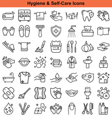 Collection of Line Art Hygiene and SelfCare Icons, Cleanliness and Wellness Items