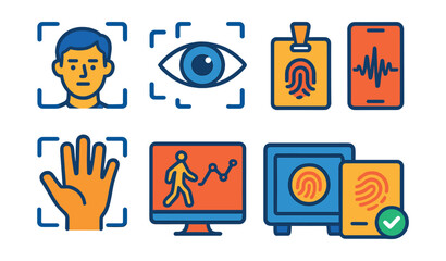Flat vector icons of biometric security: facial recognition scanner, iris scan icon, fingerprint ID badge, voiceprint authentication, hand geometry reader, behavioral biometrics screen, secure