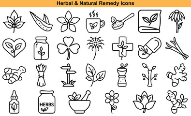 Collection of Line Art Icons Representing Herbal and Natural Remedies and Ingredients