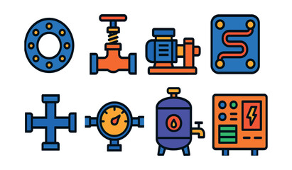 Flat vector icons of industrial plumbing systems: large diameter pipe flange, pressure relief valve, booster pump icon, heat exchanger unit, pipe network junction, flow monitoring gauge, industrial