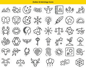 Collection of Minimalist Outlined Icons Representing Astrology, Zodiac Signs and Various Symbolic Elements