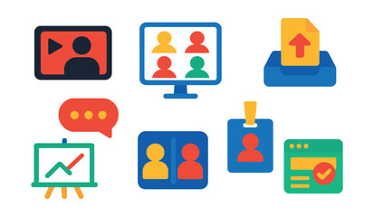 Flat vector icons of virtual and hybrid learning: live lecture stream, online classroom screen, discussion forum bubble, assignment upload tray, virtual whiteboard symbol, breakout room icon, webinar