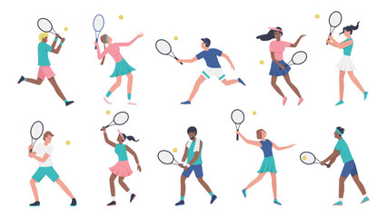 Workout playing tennis vector illustration set. Cartoon young woman man sportive characters in sportsman uniform play tennis, players holding rackets and hitting ball collection isolated on white © Flash Vector